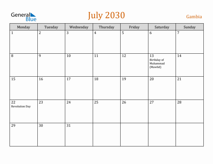 July 2030 Holiday Calendar with Monday Start