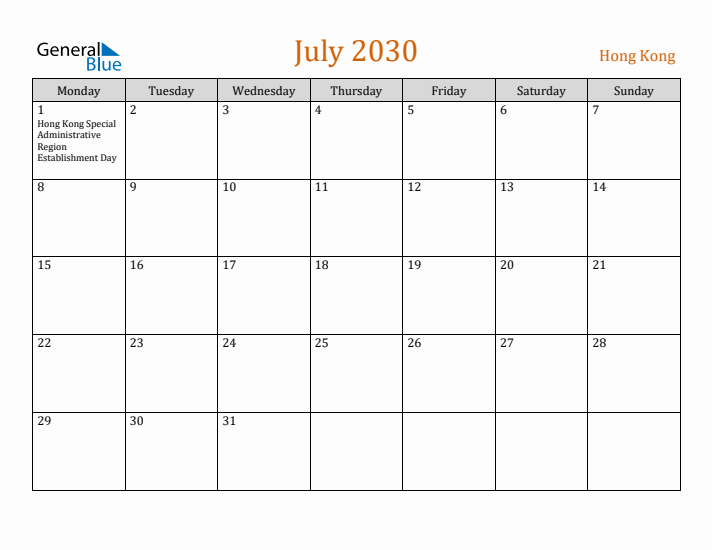 July 2030 Holiday Calendar with Monday Start