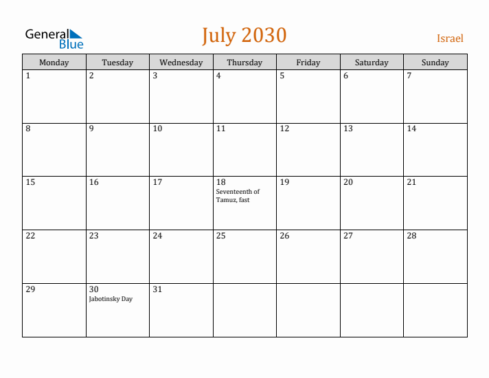 July 2030 Holiday Calendar with Monday Start