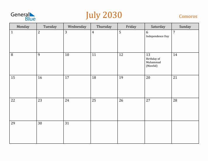 July 2030 Holiday Calendar with Monday Start