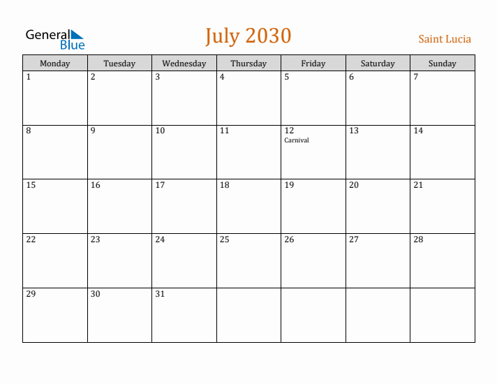 July 2030 Holiday Calendar with Monday Start