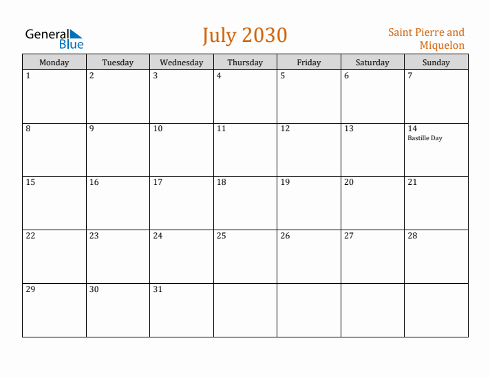 July 2030 Holiday Calendar with Monday Start