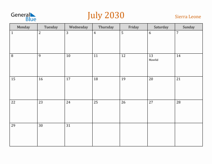 July 2030 Holiday Calendar with Monday Start
