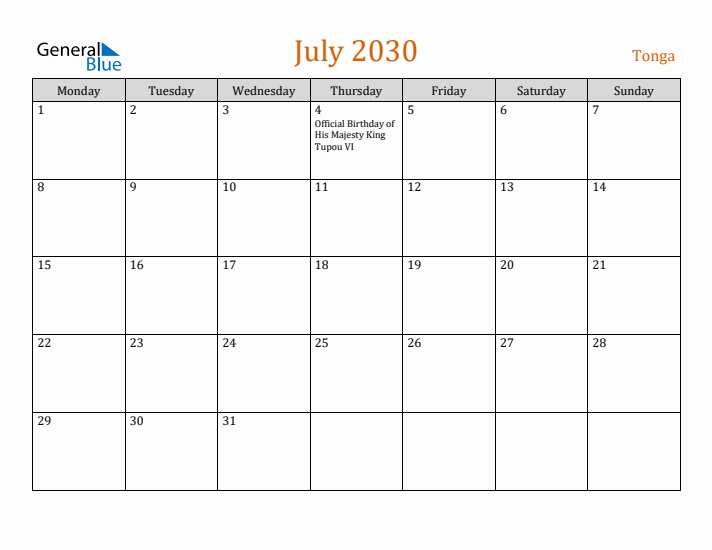 July 2030 Holiday Calendar with Monday Start