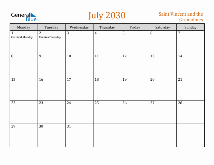 July 2030 Holiday Calendar with Monday Start