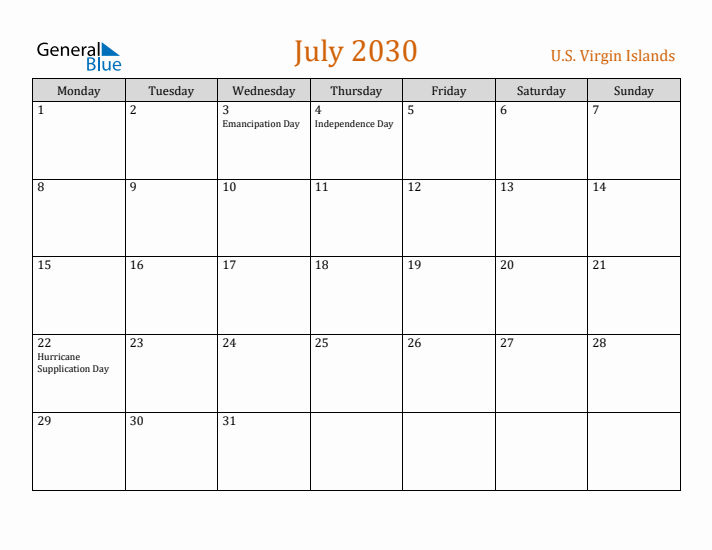 July 2030 Holiday Calendar with Monday Start