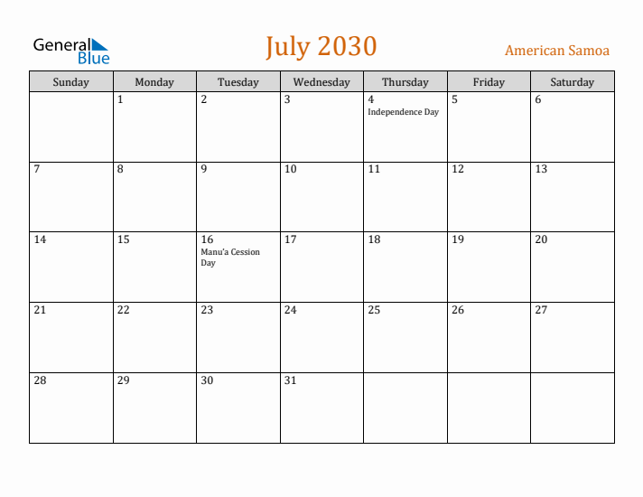 July 2030 Holiday Calendar with Sunday Start