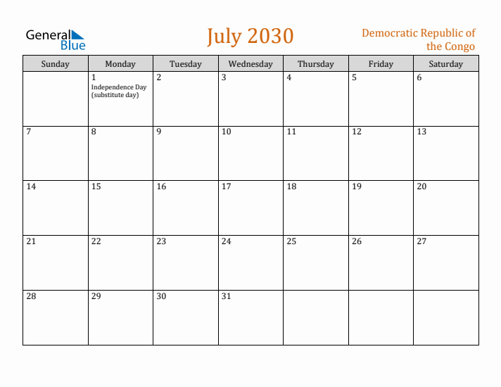 July 2030 Holiday Calendar with Sunday Start