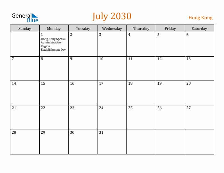 July 2030 Holiday Calendar with Sunday Start