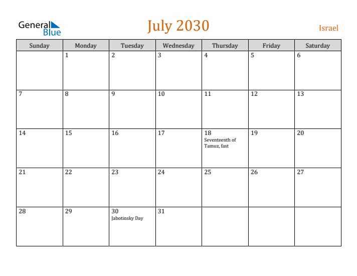 July 2030 Holiday Calendar with Sunday Start