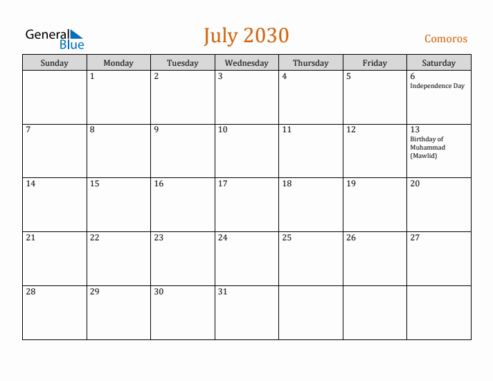 July 2030 Holiday Calendar with Sunday Start