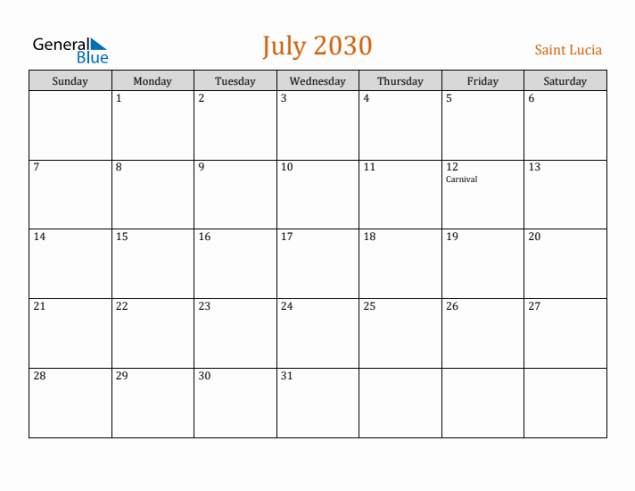 July 2030 Holiday Calendar with Sunday Start