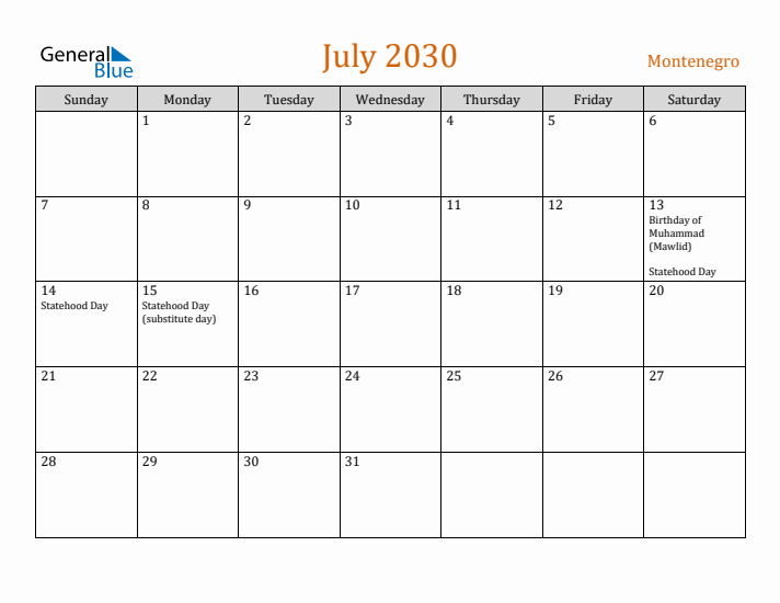 July 2030 Holiday Calendar with Sunday Start