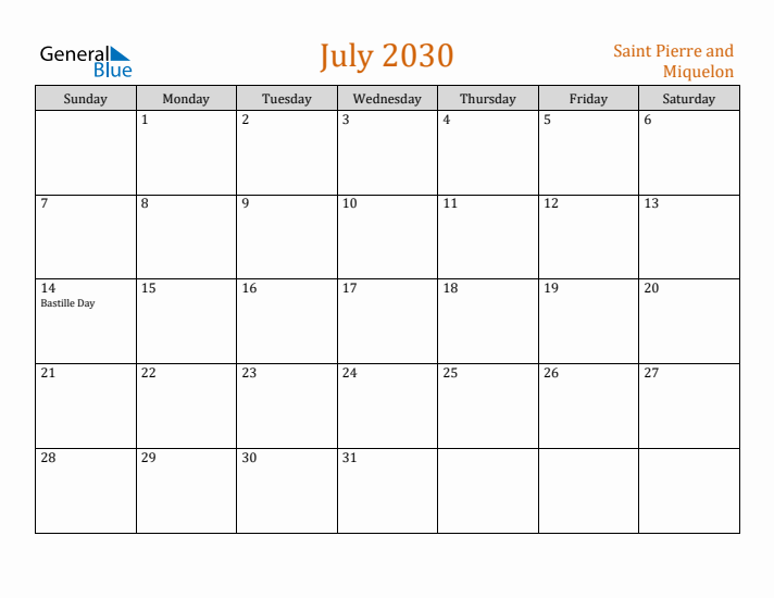 July 2030 Holiday Calendar with Sunday Start