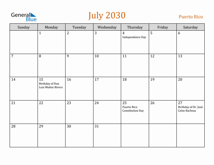 July 2030 Holiday Calendar with Sunday Start