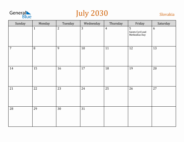 July 2030 Holiday Calendar with Sunday Start