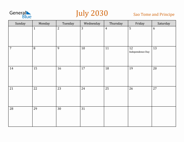 July 2030 Holiday Calendar with Sunday Start
