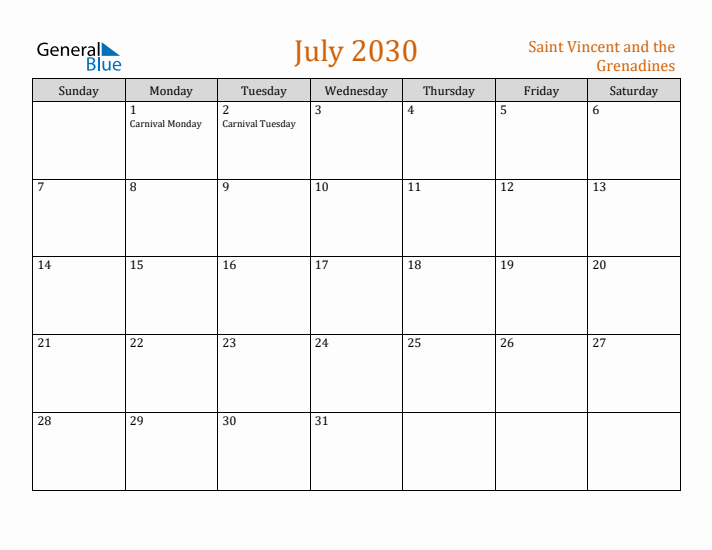July 2030 Holiday Calendar with Sunday Start