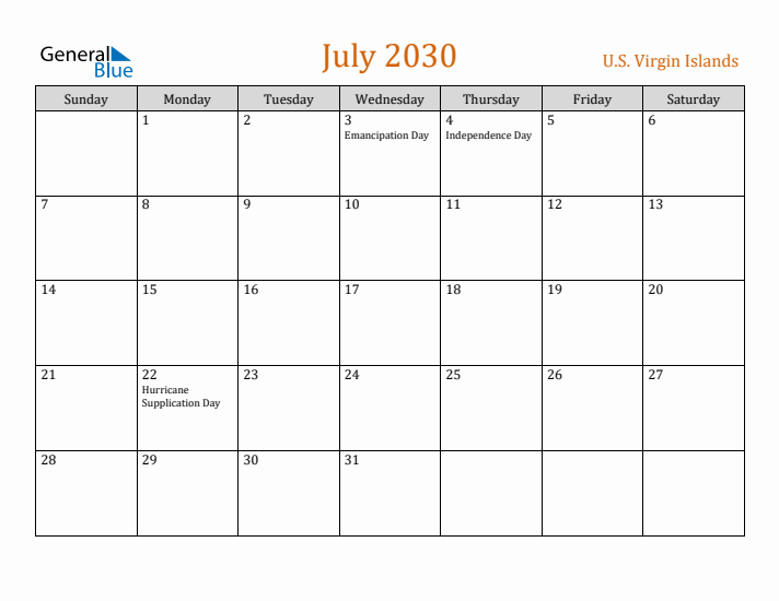July 2030 Holiday Calendar with Sunday Start