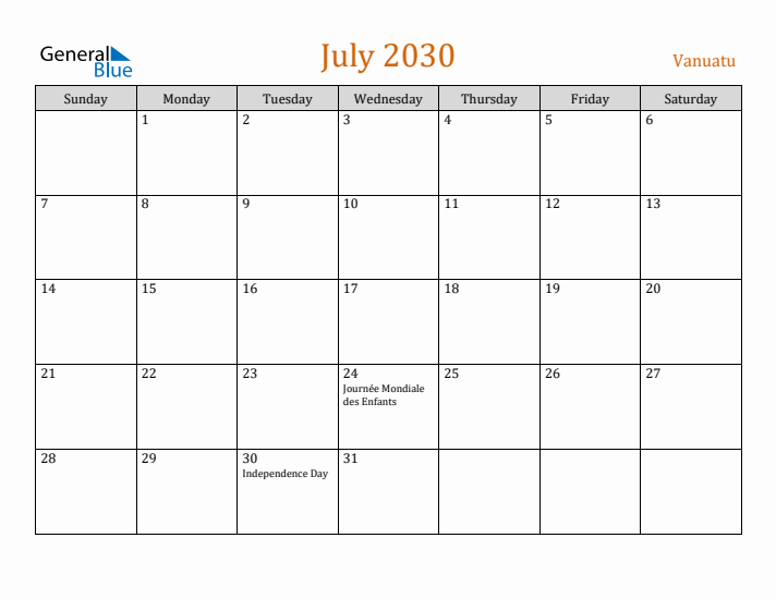 July 2030 Holiday Calendar with Sunday Start