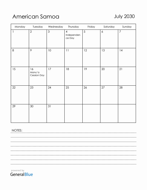 July 2030 American Samoa Calendar with Holidays (Monday Start)