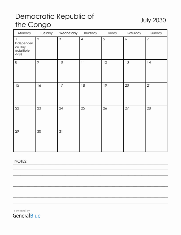 July 2030 Democratic Republic of the Congo Calendar with Holidays (Monday Start)