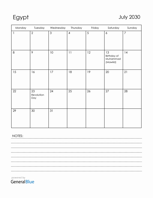 July 2030 Egypt Calendar with Holidays (Monday Start)