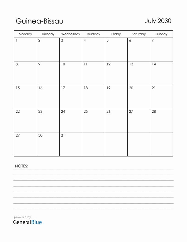 July 2030 Guinea-Bissau Calendar with Holidays (Monday Start)