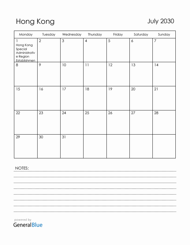 July 2030 Hong Kong Calendar with Holidays (Monday Start)