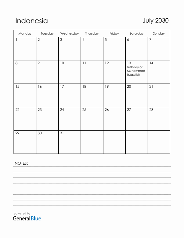 July 2030 Indonesia Calendar with Holidays (Monday Start)