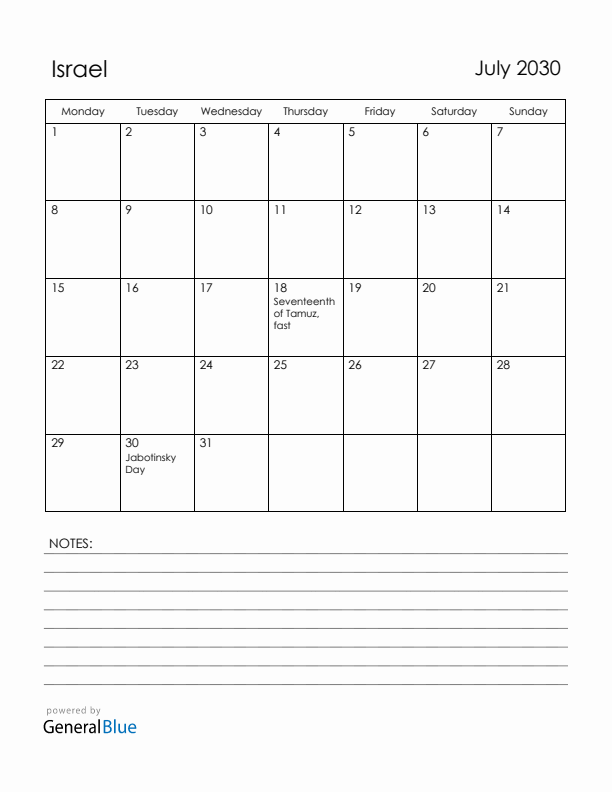 July 2030 Israel Calendar with Holidays (Monday Start)