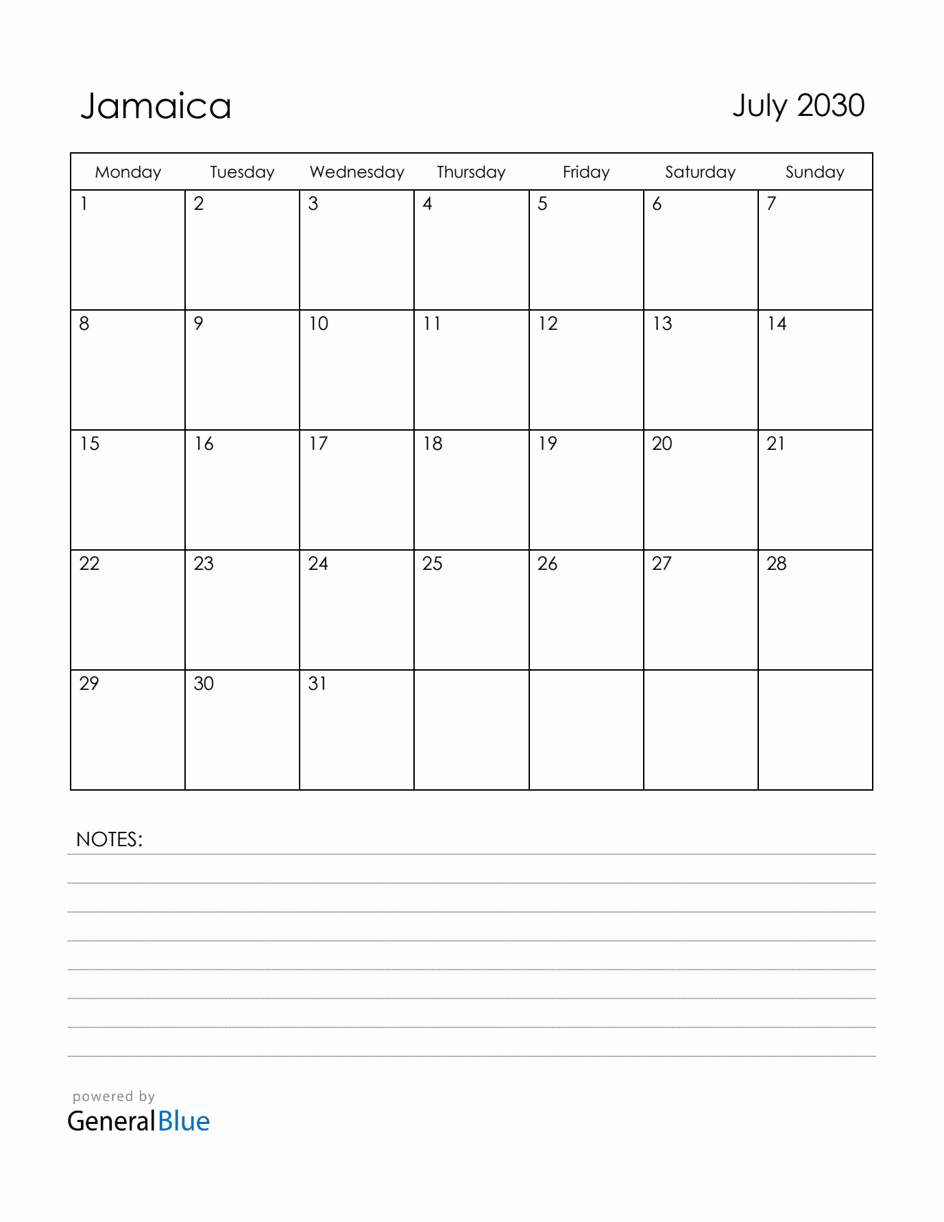 July 2030 Jamaica Calendar with Holidays (Monday Start)