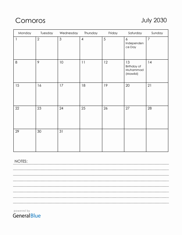 July 2030 Comoros Calendar with Holidays (Monday Start)