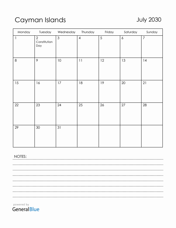 July 2030 Cayman Islands Calendar with Holidays (Monday Start)