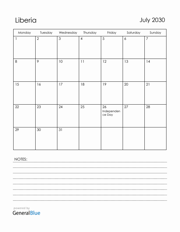 July 2030 Liberia Calendar with Holidays (Monday Start)
