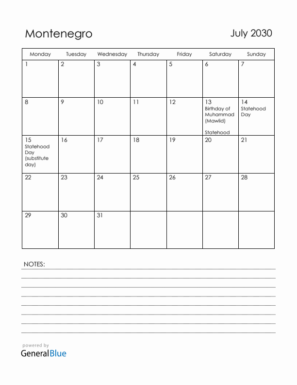 July 2030 Montenegro Calendar with Holidays (Monday Start)