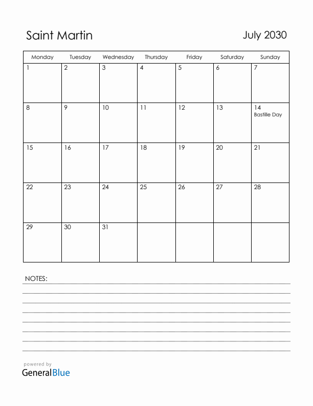 July 2030 Saint Martin Calendar with Holidays (Monday Start)