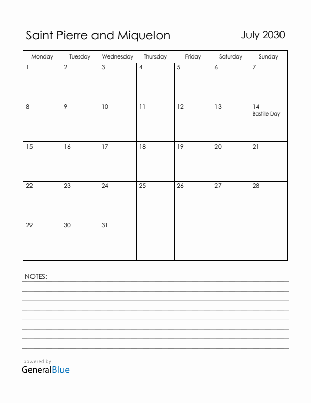 July 2030 Saint Pierre and Miquelon Calendar with Holidays (Monday Start)