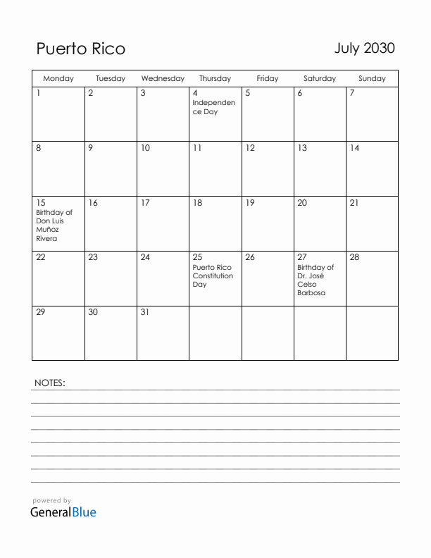 July 2030 Puerto Rico Calendar with Holidays (Monday Start)
