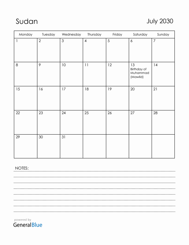 July 2030 Sudan Calendar with Holidays (Monday Start)