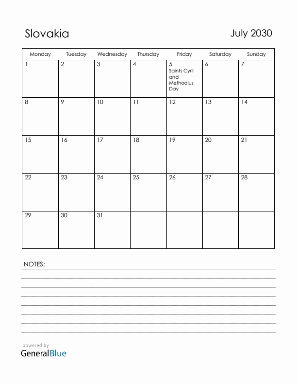 July 2030 Slovakia Calendar with Holidays (Monday Start)
