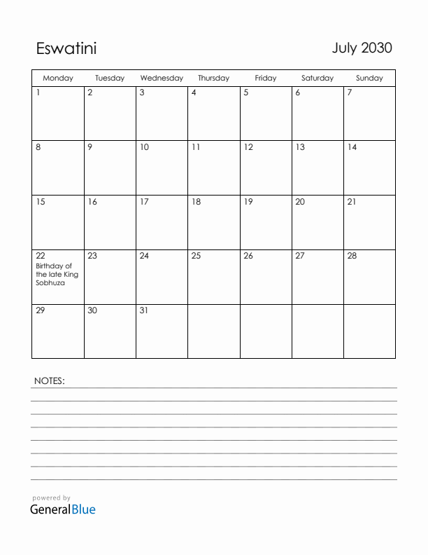 July 2030 Eswatini Calendar with Holidays (Monday Start)