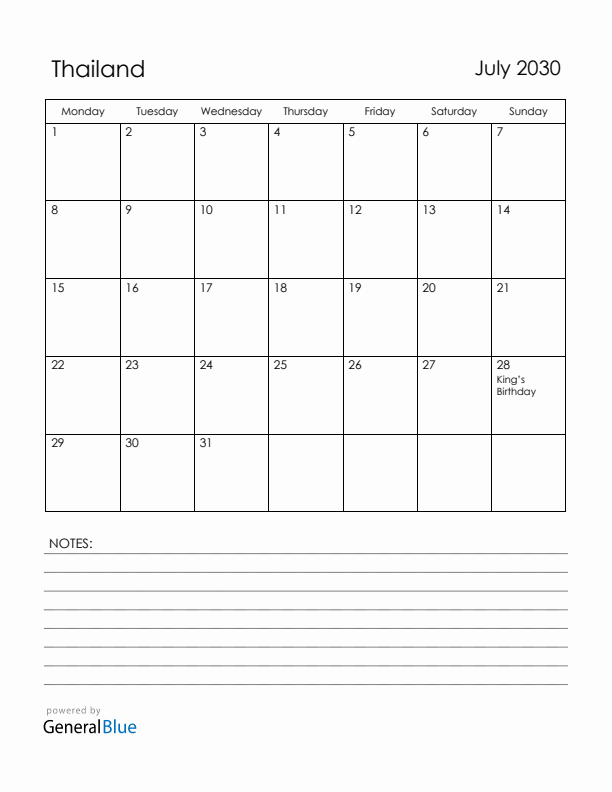 July 2030 Thailand Calendar with Holidays (Monday Start)