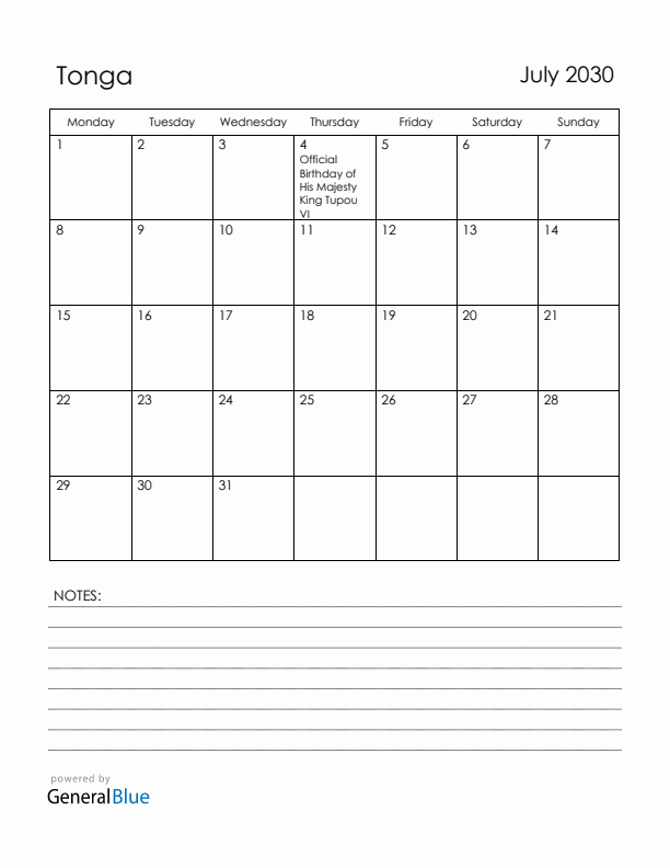 July 2030 Tonga Calendar with Holidays (Monday Start)