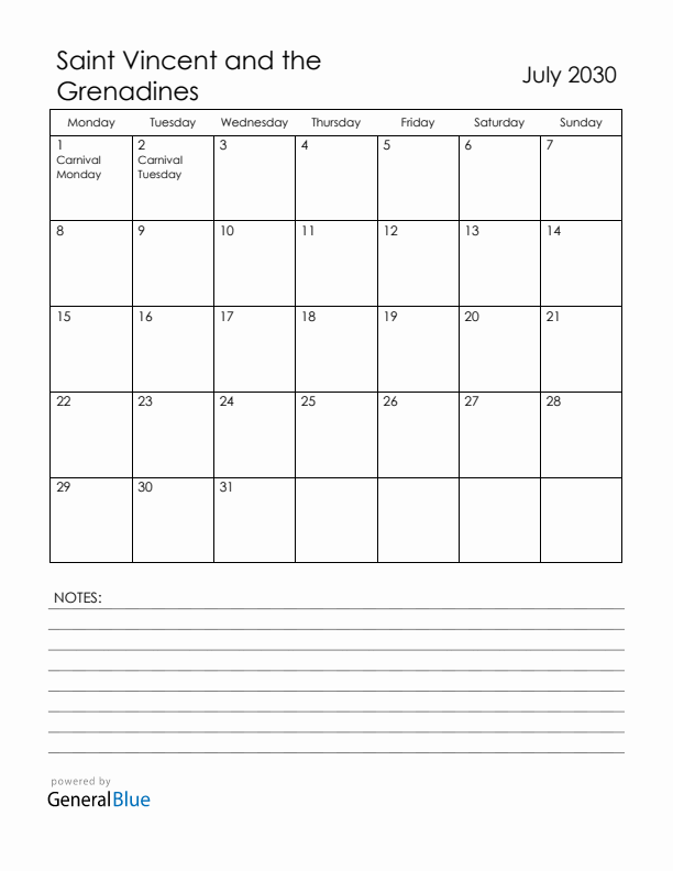 July 2030 Saint Vincent and the Grenadines Calendar with Holidays (Monday Start)