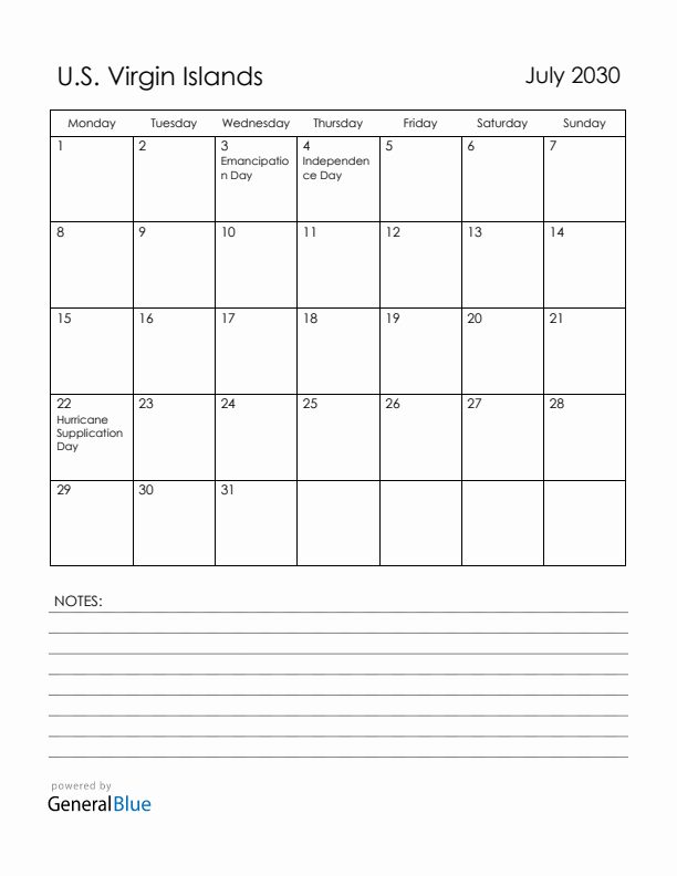 July 2030 U.S. Virgin Islands Calendar with Holidays (Monday Start)