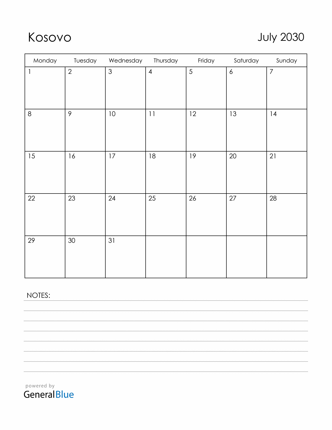 July 2030 Kosovo Calendar with Holidays (Monday Start)