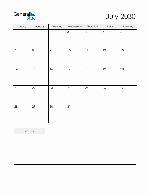 Printable Calendar with Notes - July 2030 