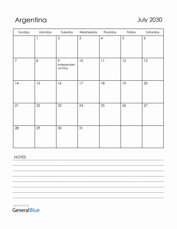 July 2030 Argentina Calendar with Holidays (Sunday Start)