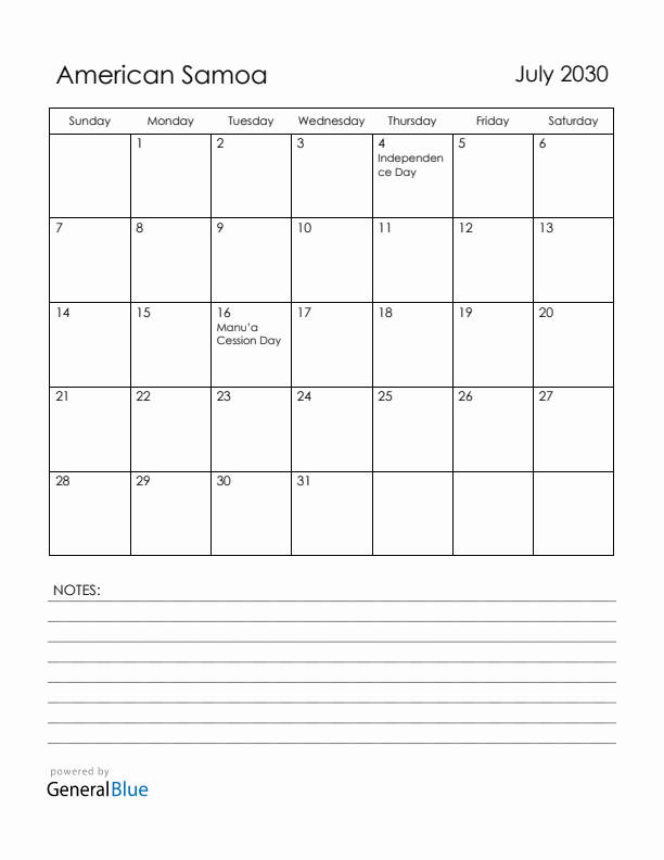 July 2030 American Samoa Calendar with Holidays (Sunday Start)